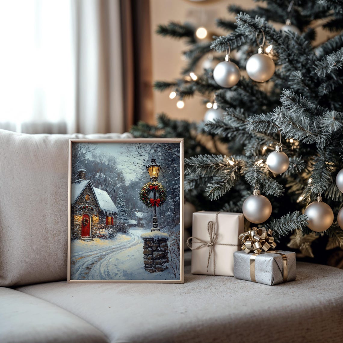 Stone Cottage with Red Door Wreath and Icicles Winter Poster - Image 5