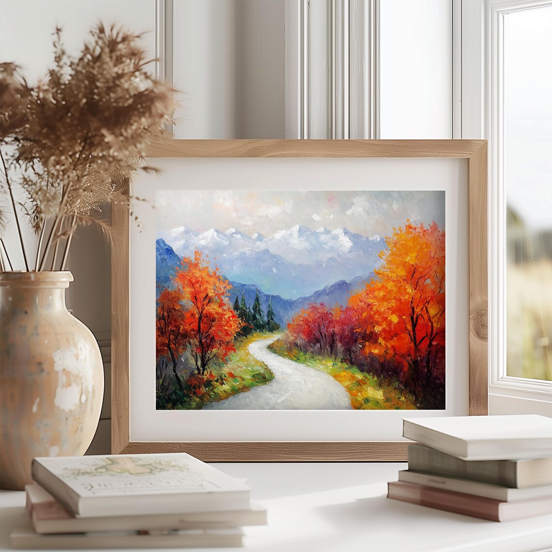 Winding Autumn Road Painting Snowy Mountain Peaks Fall Foliage Poster - Image 2