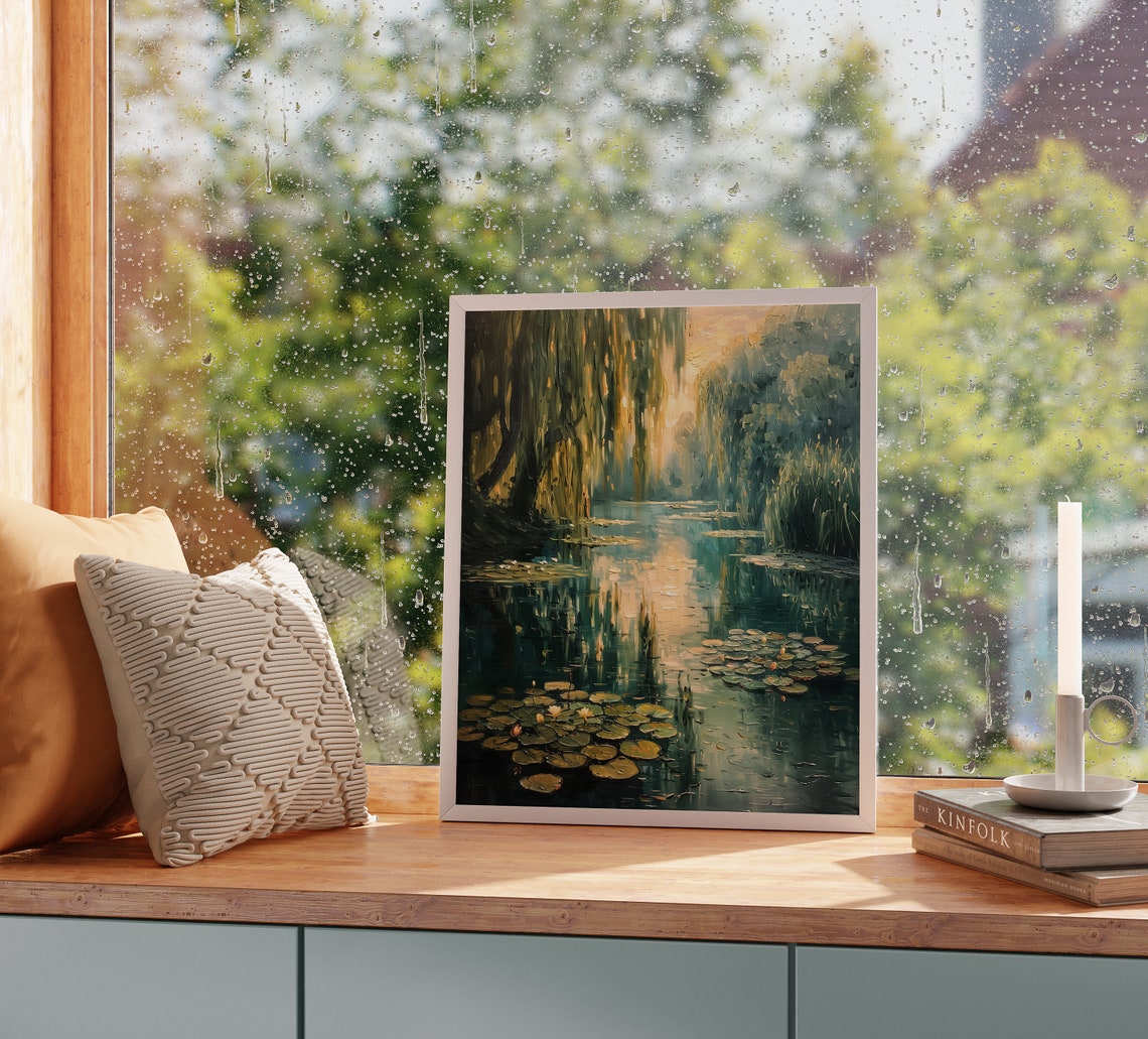 Lily Pond Overhanging Willows Golden Light Impressionist Shade Poster - Image 2