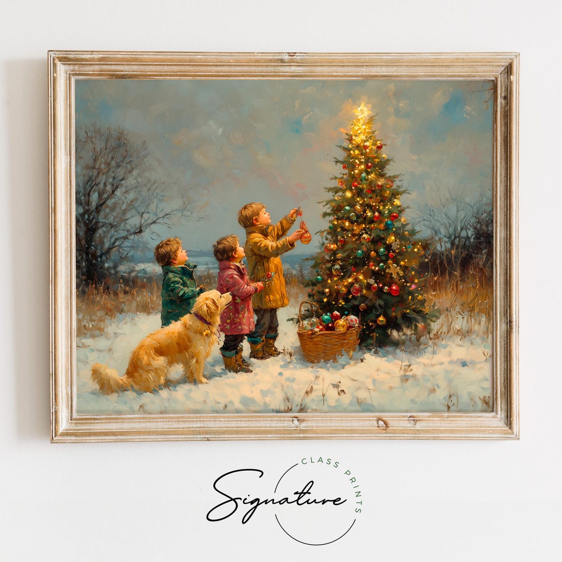 Children and a Dog Decorating a Christmas Tree in the Snow Poster