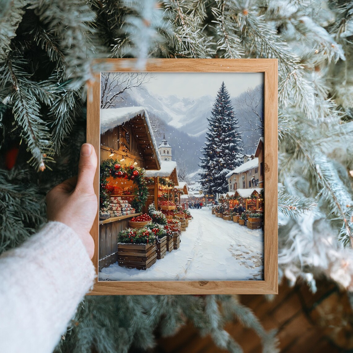 Alpine Christmas Market with Church Tree and Wooden Stalls Poster - Image 6