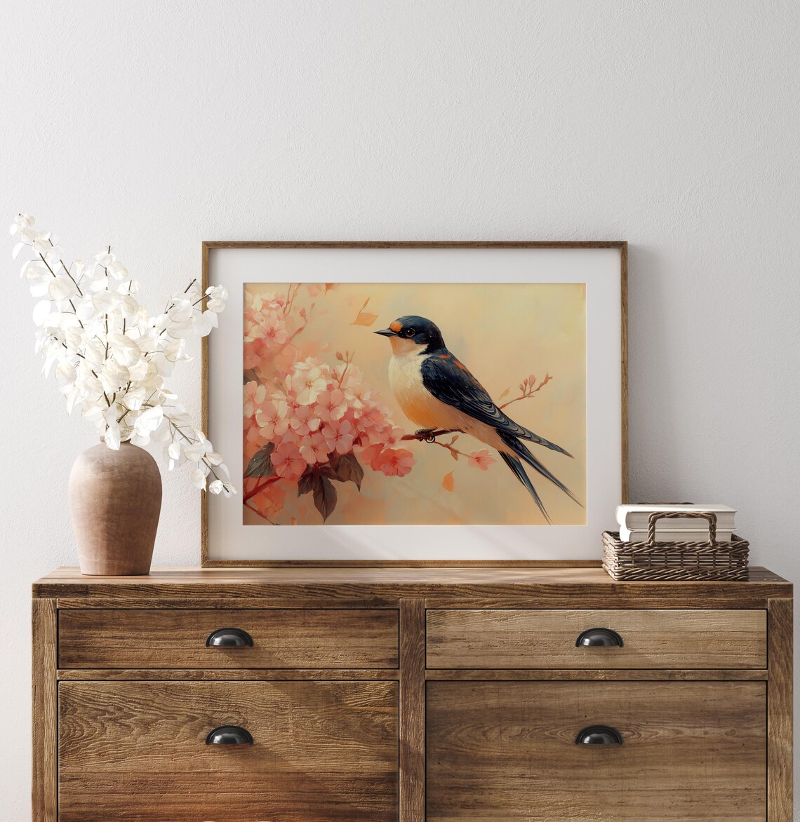Barn Swallow On Cherry Blossom Branch Warm Peachy Tones Poster - Image 2