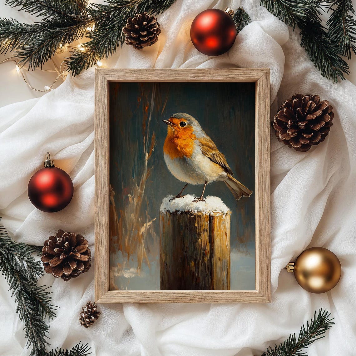 European Robin Perched on a Snow-Covered Fence Post Winter Poster - Image 4