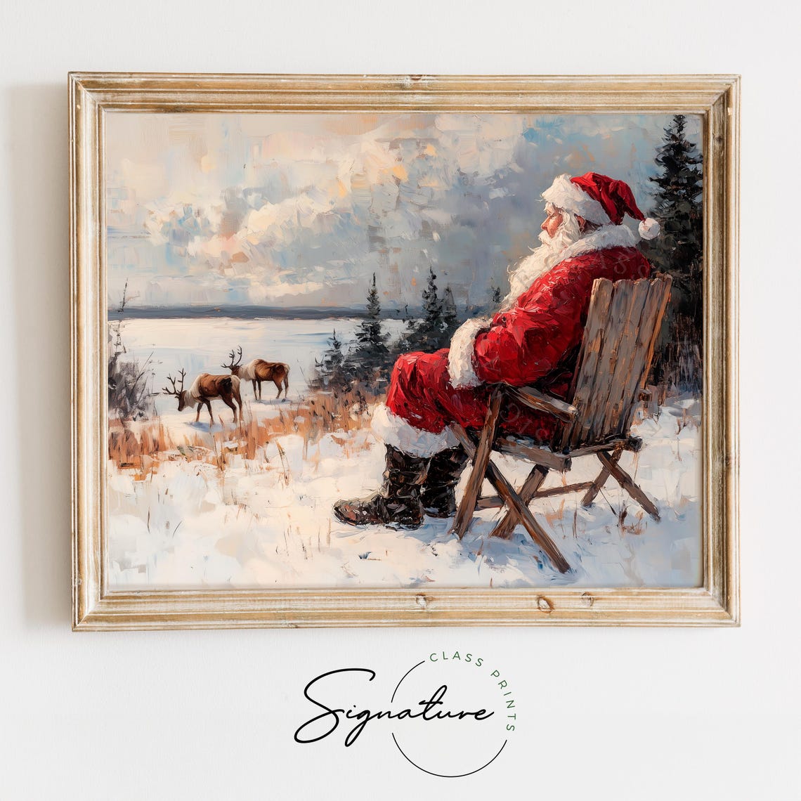 Santa Claus Resting In A Chair Watching Reindeer In Snow Poster