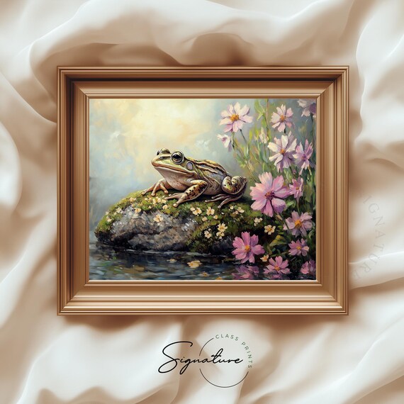 Frog On Mossy Rock Pond Cosmos Flowers Spring Animal Wall Art