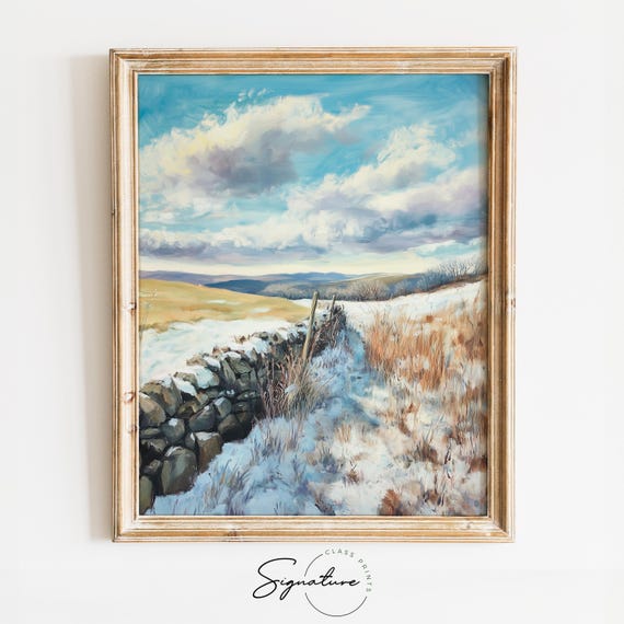 Snowy Pasture With Stone Wall And Hills Serene Rustic Landscape Art Peaceful Nature Scene Cottagecore Wall Decor 3026
