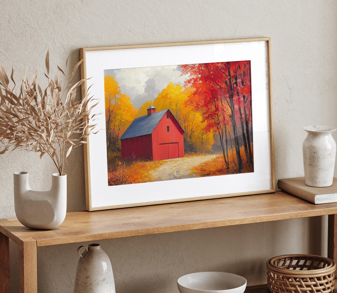 Red Barn Autumn Woods Fall Foliage Oil Painting Country Poster - Image 4