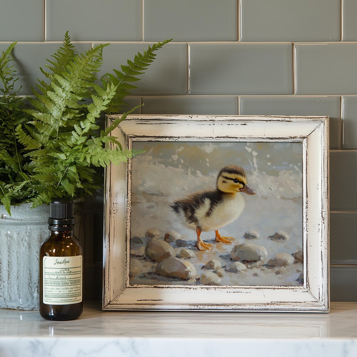 Baby Duckling Stepping on Pebbles Water Edge Spring Wildlife Painting - Image 4