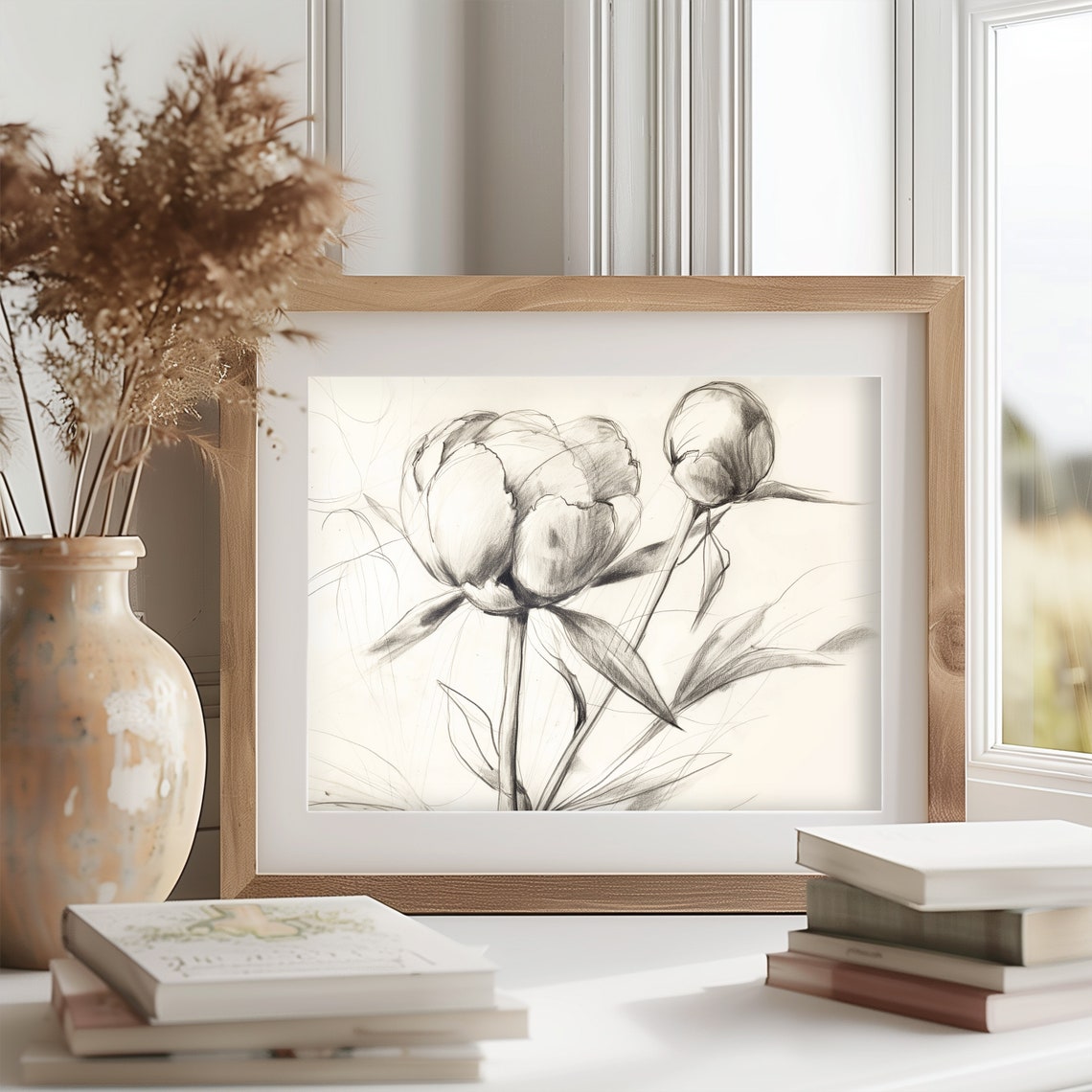 Peony Buds Delicate Gray Pencil Botanical Sketch Line Art Poster - Image 2