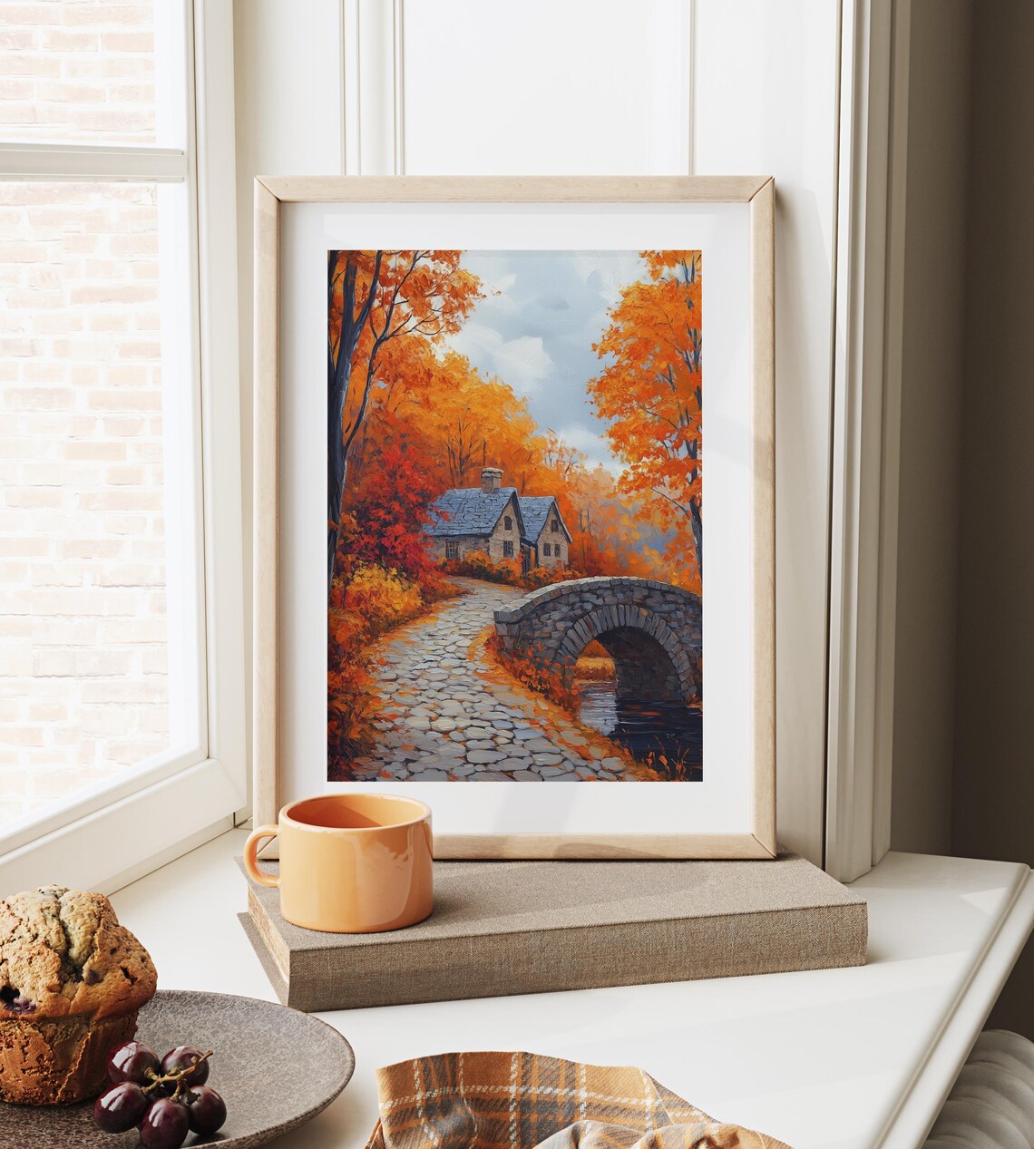 Cobblestone Village Path, Rustic Autumn Landscape Art Print - Image 6