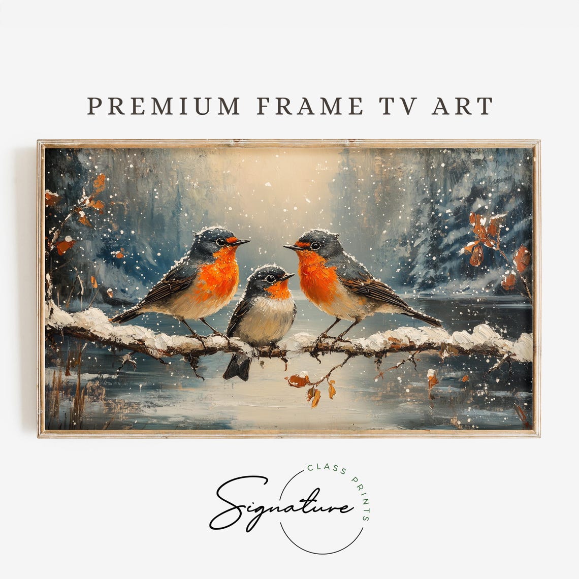 Robin Trio On Snowy Branch Over Winter Water Falling Snow Art Poster