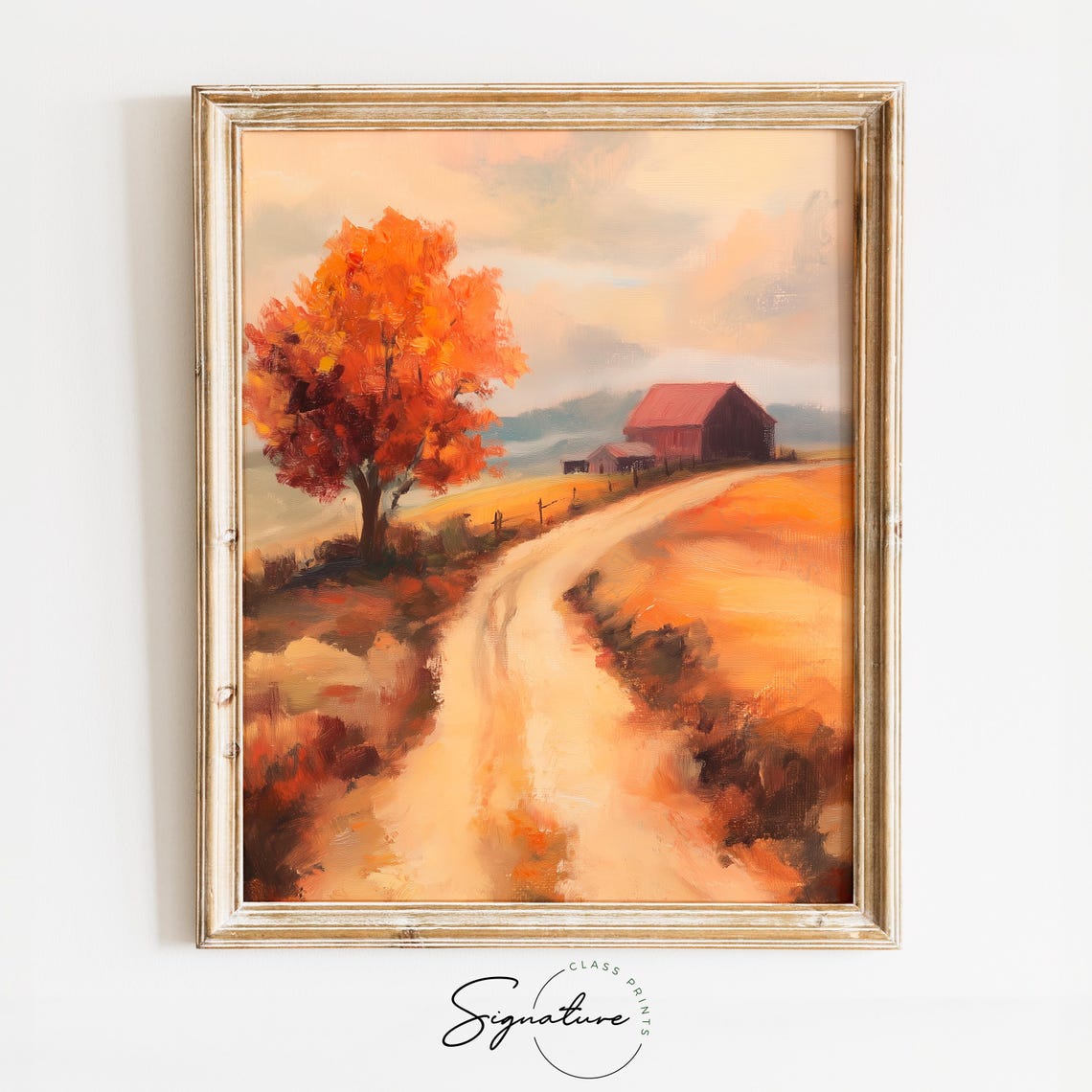 Autumn Country Road Red Tree Distant Barn Golden Hazy Light Poster