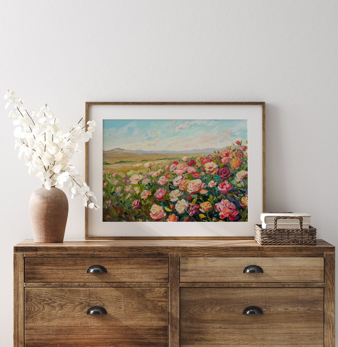 Vibrant Rose Field Art Print, Rustic Floral Landscape - Image 3