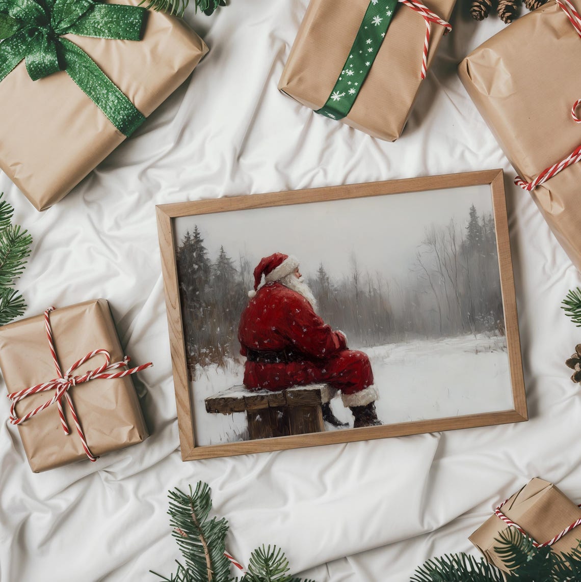 Santa Claus Resting on Snowy Bench in Winter Woods Christmas Poster - Image 2