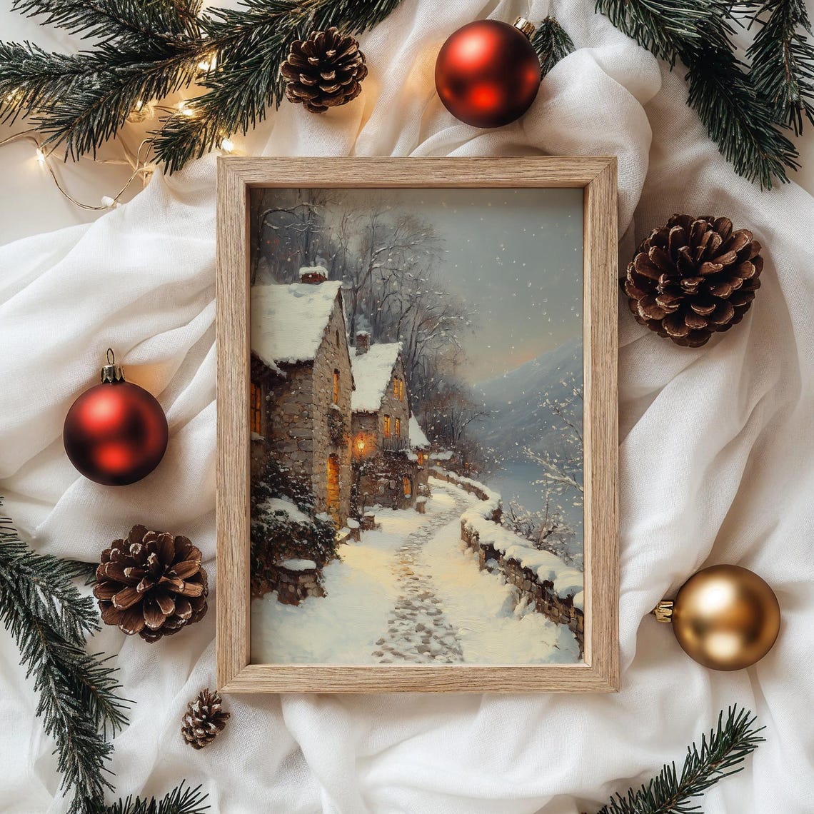 Snowy Cobblestone Lane by the Lake Winter Village Scene Poster - Image 4