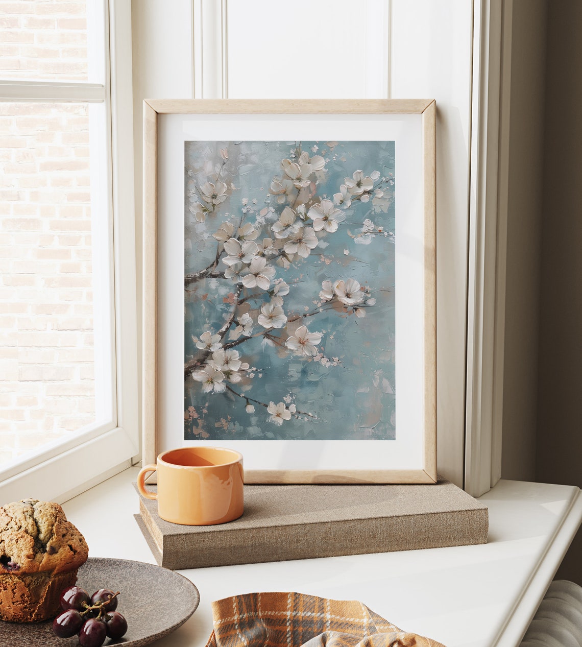 White Cherry Blossom Branch Teal Background Floral Art Poster - Image 6