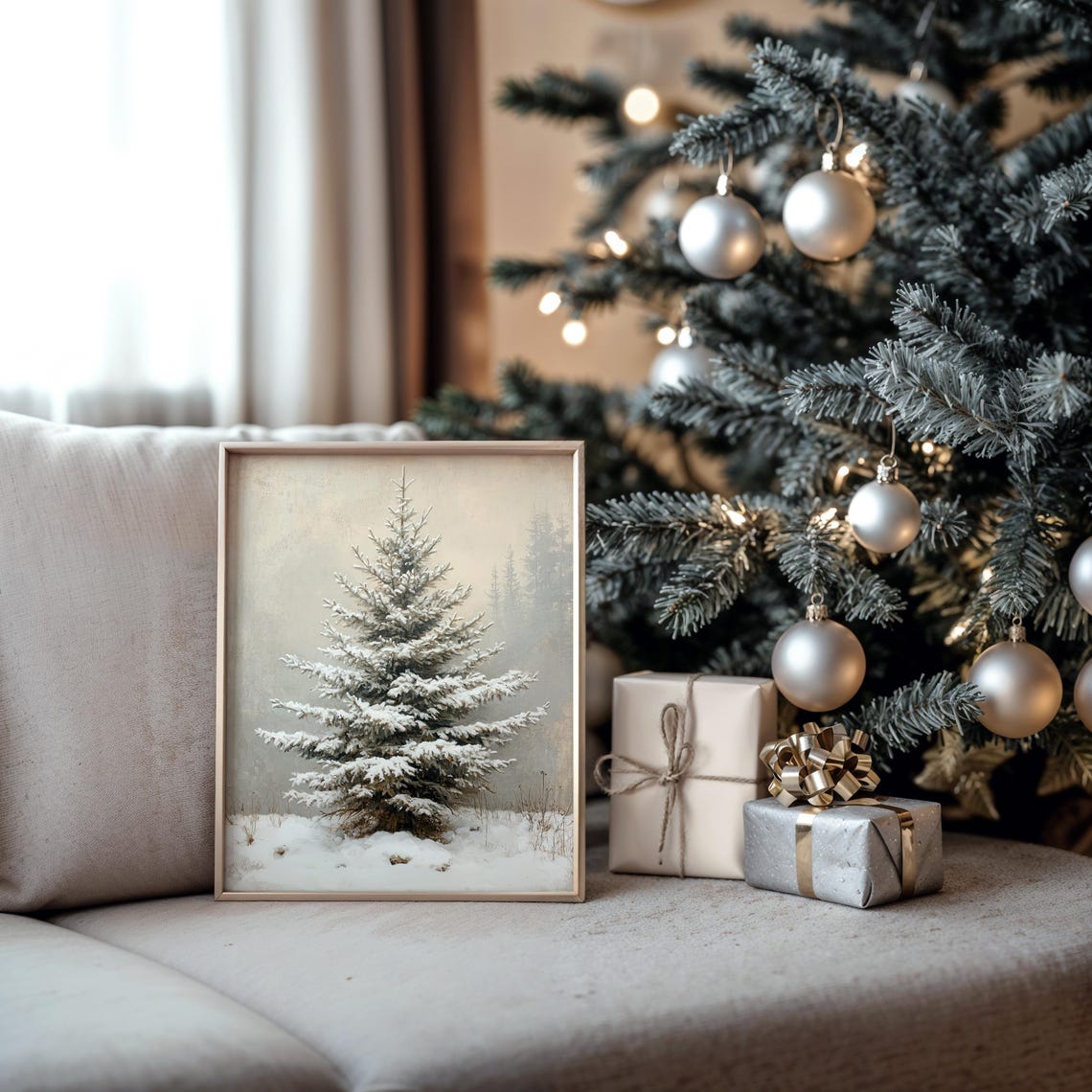 Lone Snowy Spruce Tree In A Quiet Winter Field Painting Poster - Image 5
