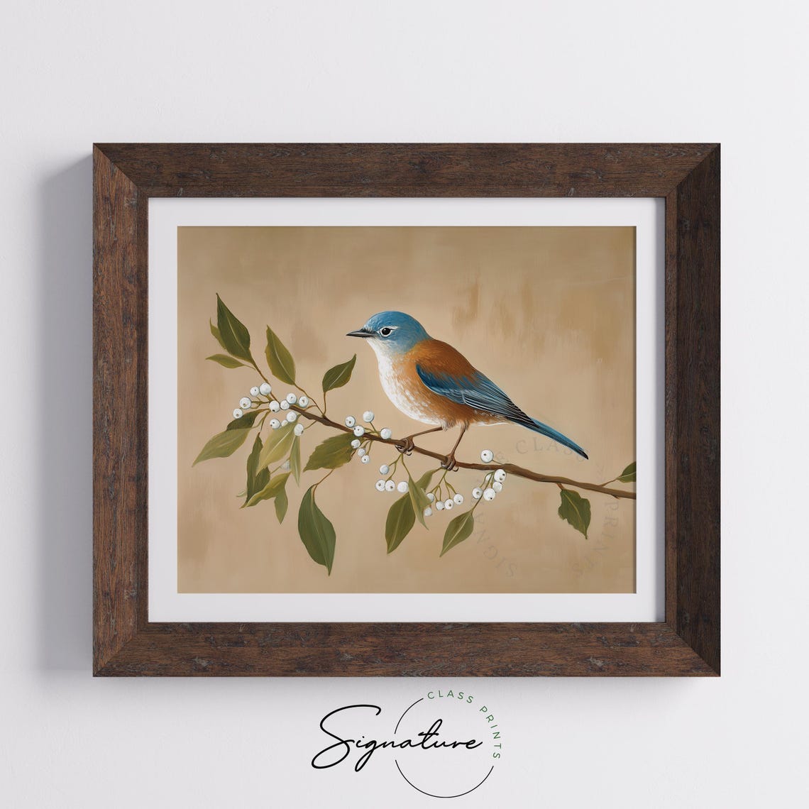 Eastern Bluebird on Berry Branch Warm Beige Vintage Bird Poster - Image 4