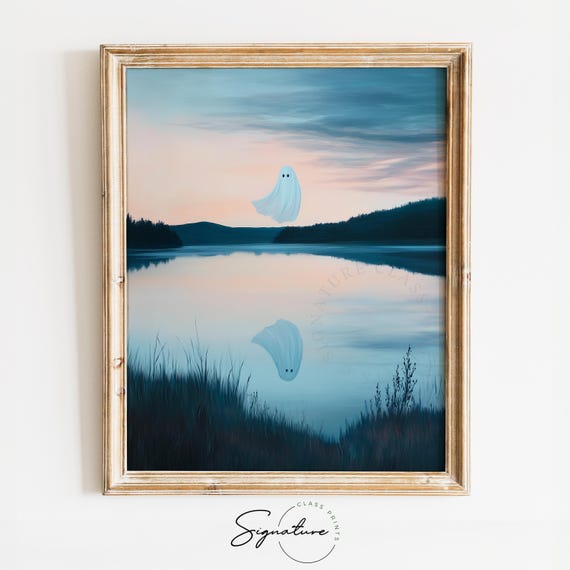 Ghost Reflection Over Misty Lake Moody Rustic Autumn Landscape Earthy Art Halloween Decor Cottagecore Wall Print 1570