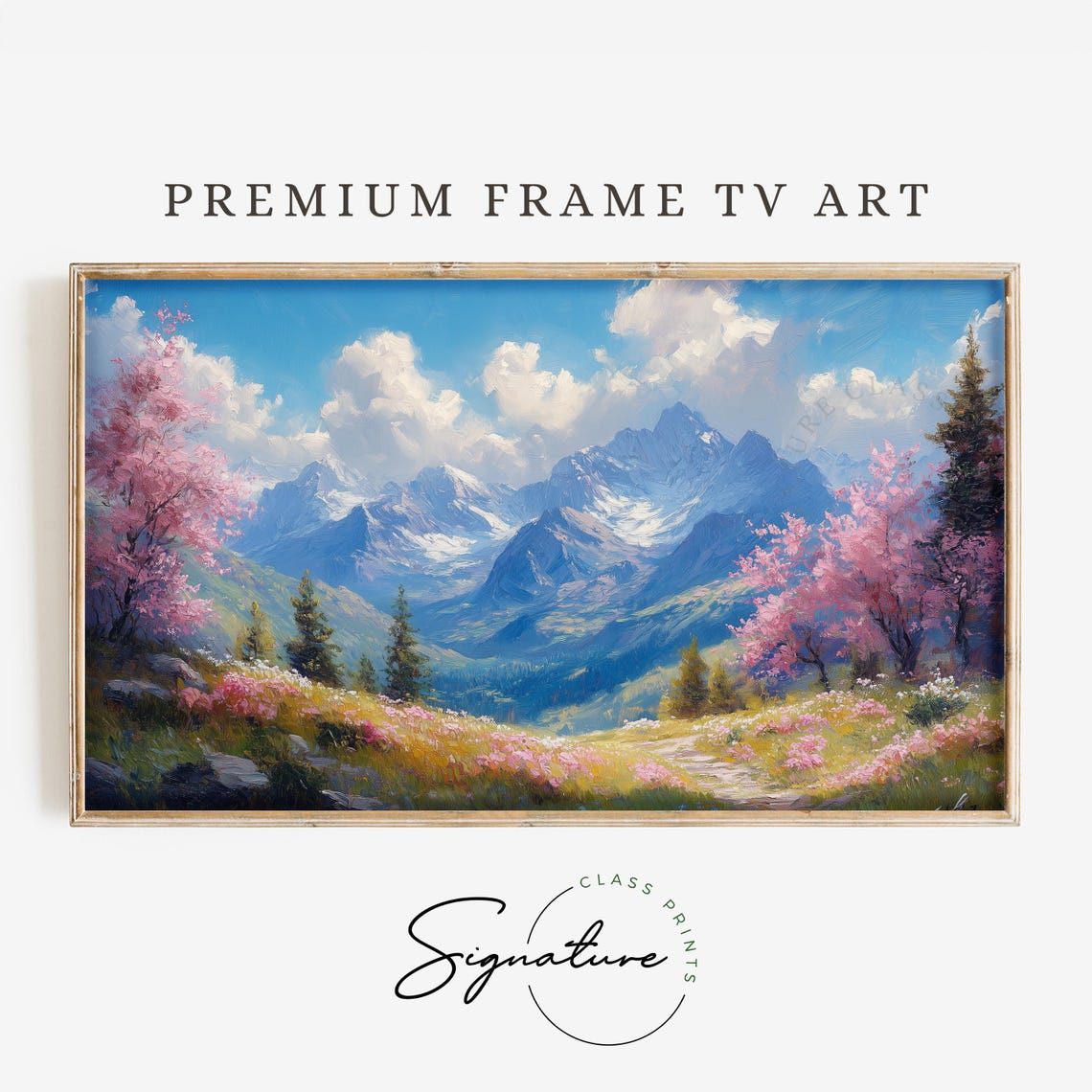 Mountain Valley Pink Blossom Trees Spring Snow Peaks Scenic Wall Art
