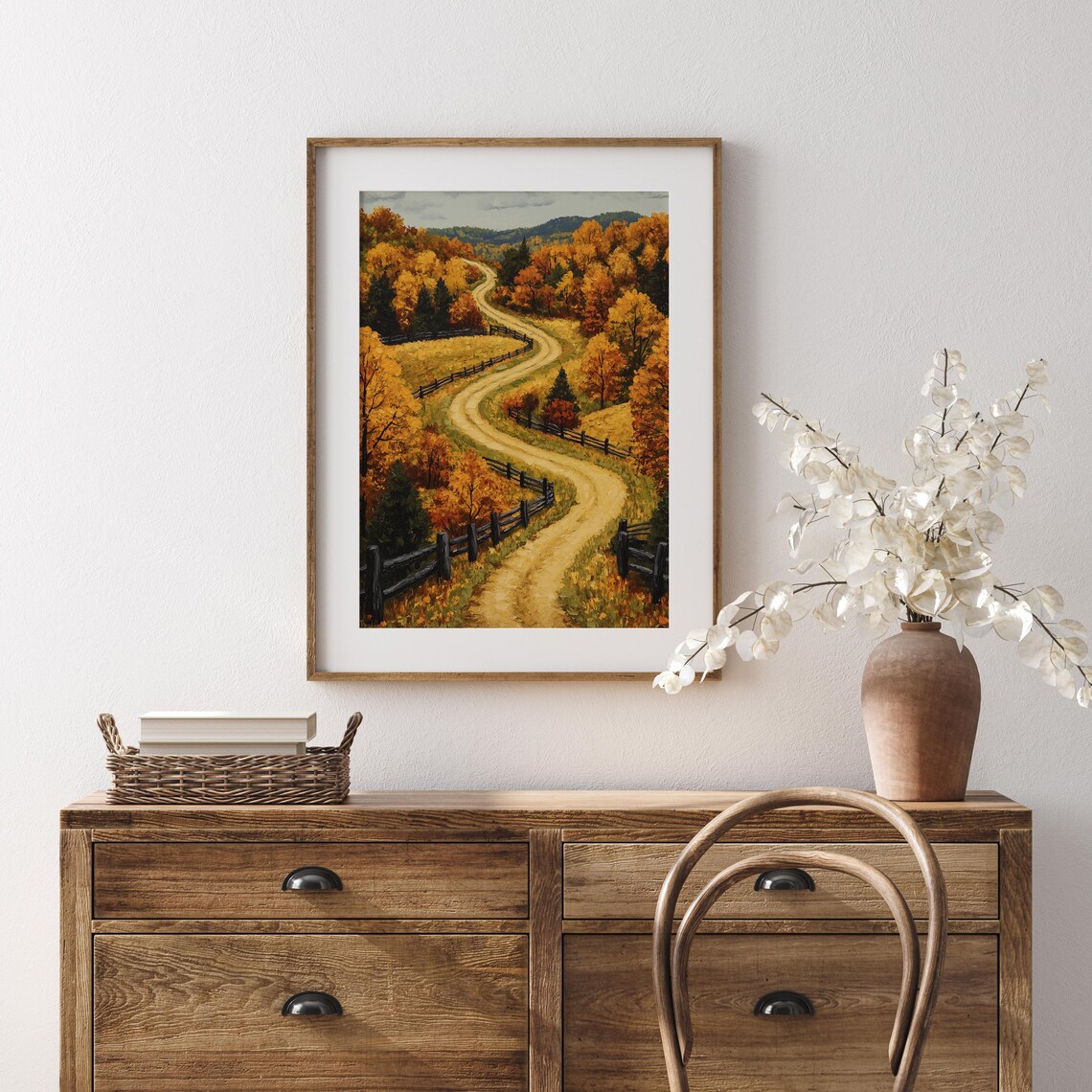 Winding Fence Road Autumn Forest Hilltop Scenic Painting Print - Image 5