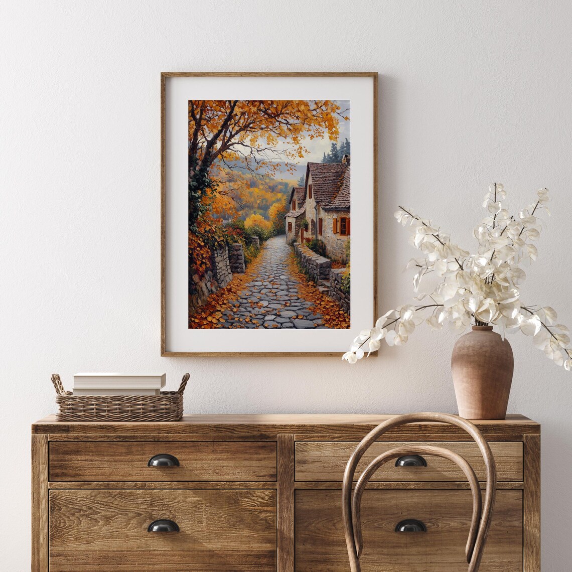 Cobblestone Village Lane, Rustic Autumn Landscape Art Print - Image 5
