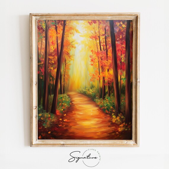 Sunbeams Pouring Down an Autumn Forest Path in Golden Light Poster
