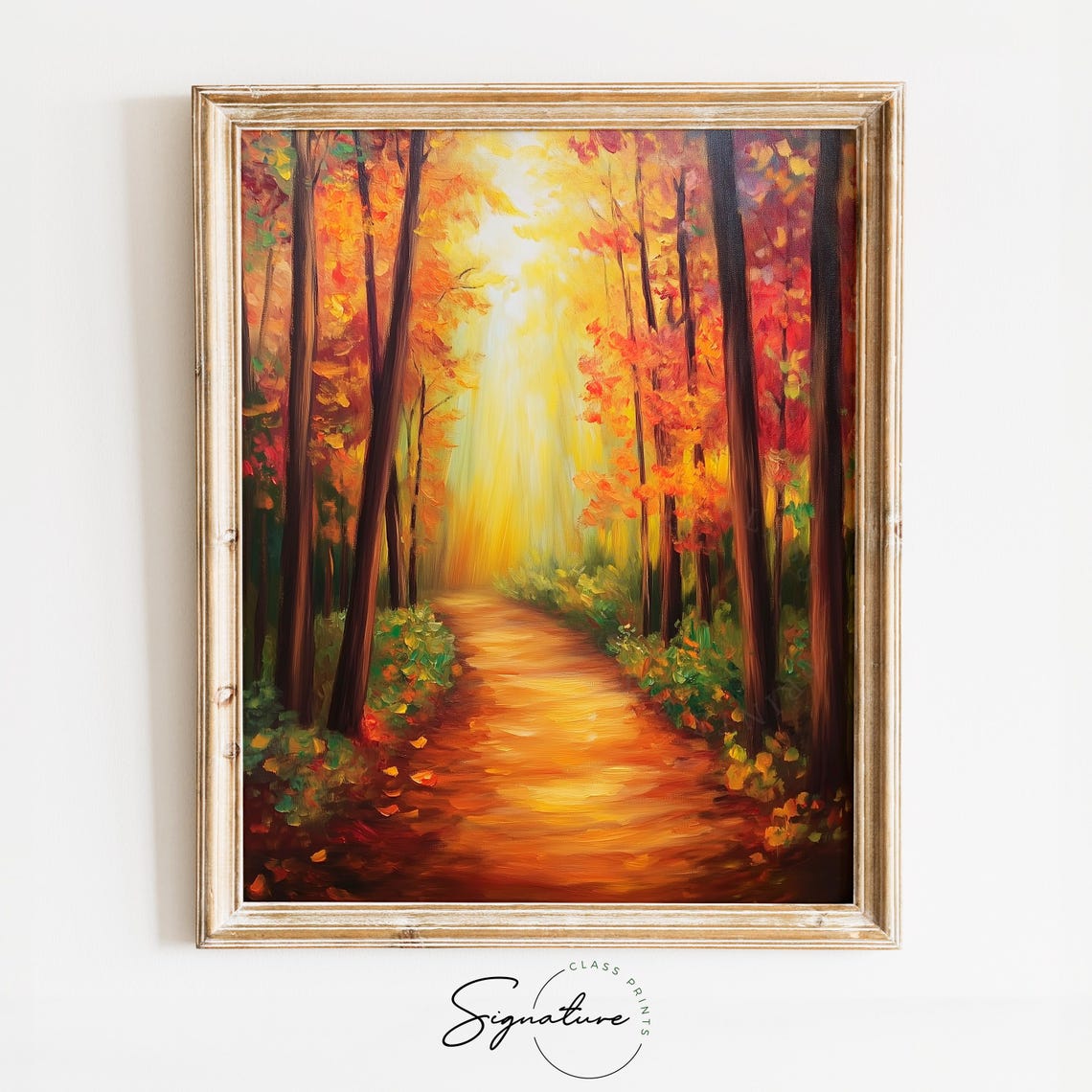 Sunbeams Pouring Down an Autumn Forest Path in Golden Light Poster