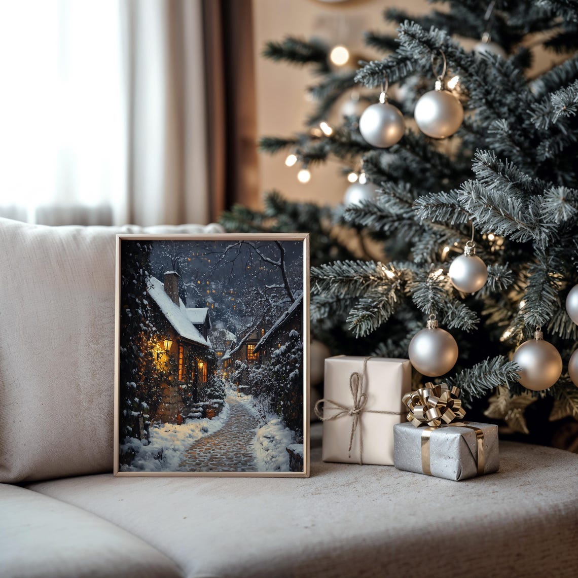 Snowy Cobblestone Alley at Night with Glowing Cottages Poster - Image 5