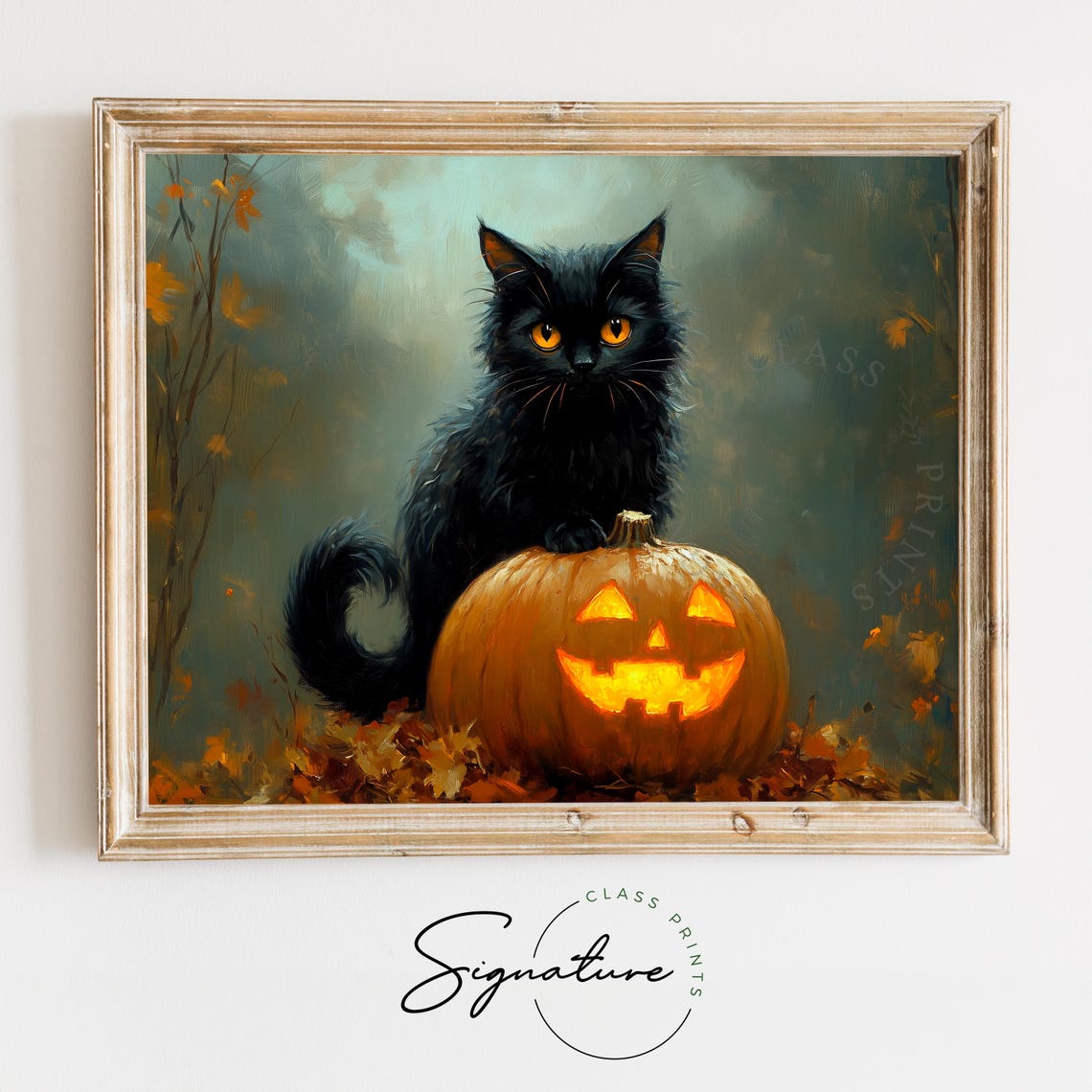 Black Cat With Glowing Amber Eyes Beside a Lit Jack O Lantern Poster