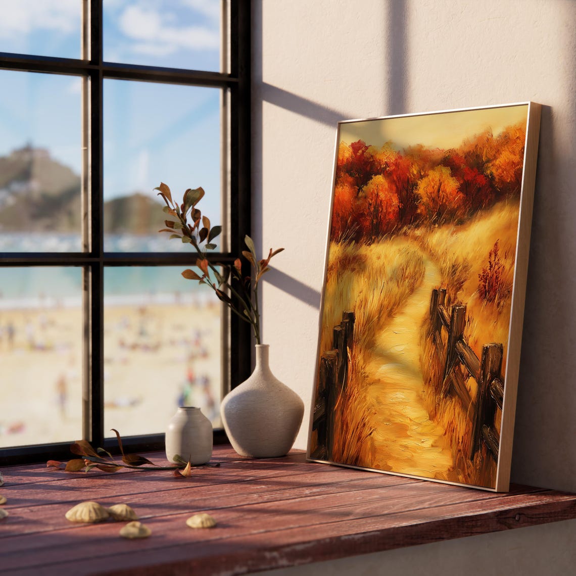 Golden Country Path with Split Rail Fences and Crimson Trees Poster - Image 5