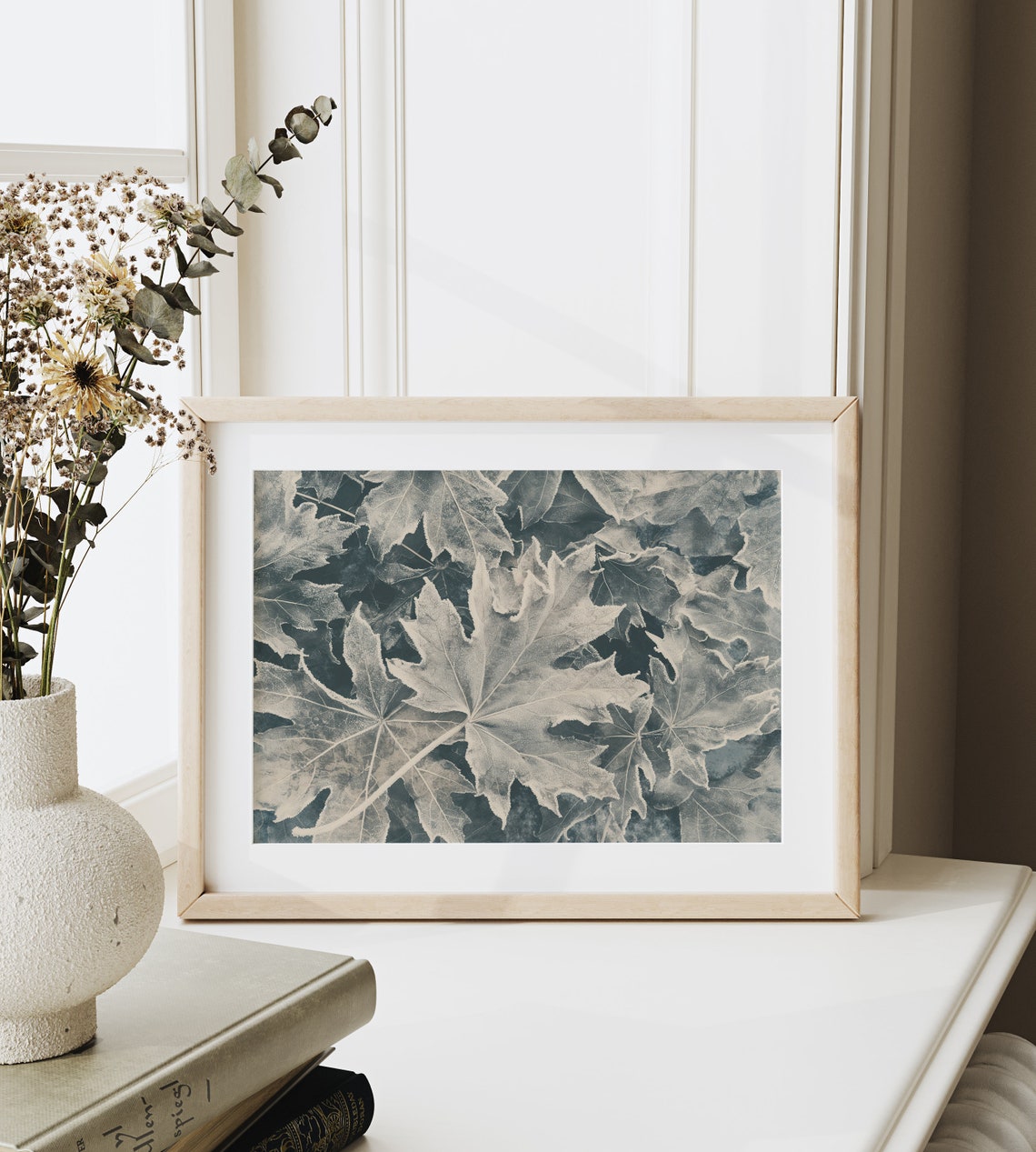 Frosted Maple Leaves in Cyan Blue Botanical Winter Scene Poster - Image 6