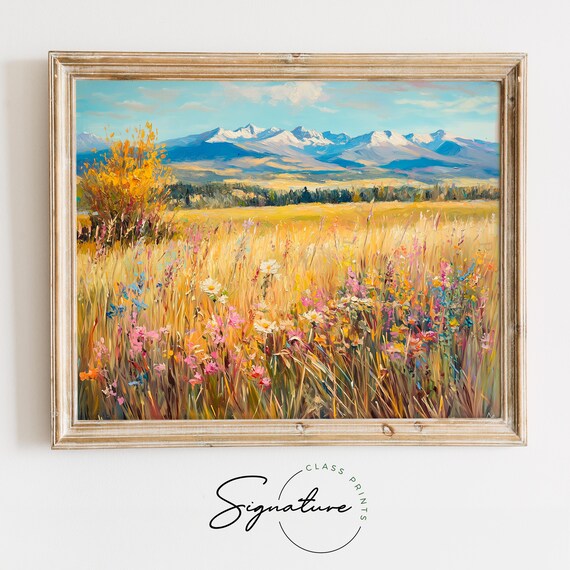 Wildflower Meadow With Golden Grass And Distant Mountains Poster