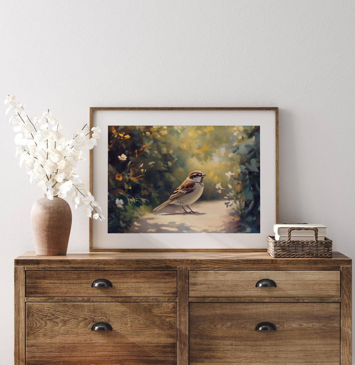 Sparrow Standing On Sunlit Path Beneath Golden Blossoms Wall Art - Image 2