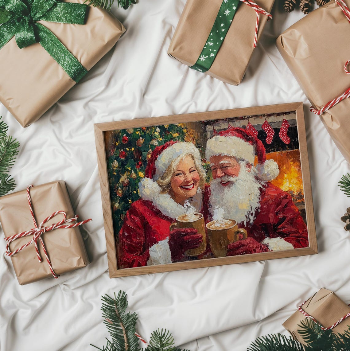 Santa And Mrs Claus Laughing Over Hot Cocoa By The Fire Art Poster - Image 2