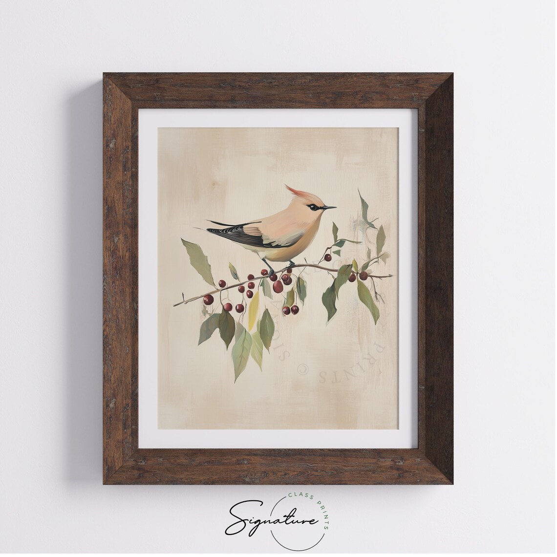 Waxwing Bird Berry Branch Cream Vintage Minimalist Bird Painting Poster - Image 2