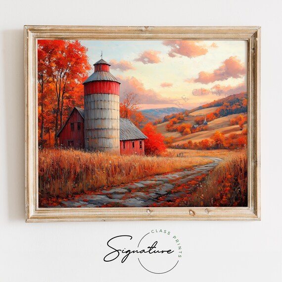 Red Barn And Silo Autumn Farm Rolling Hills Fall Landscape Wall Art
