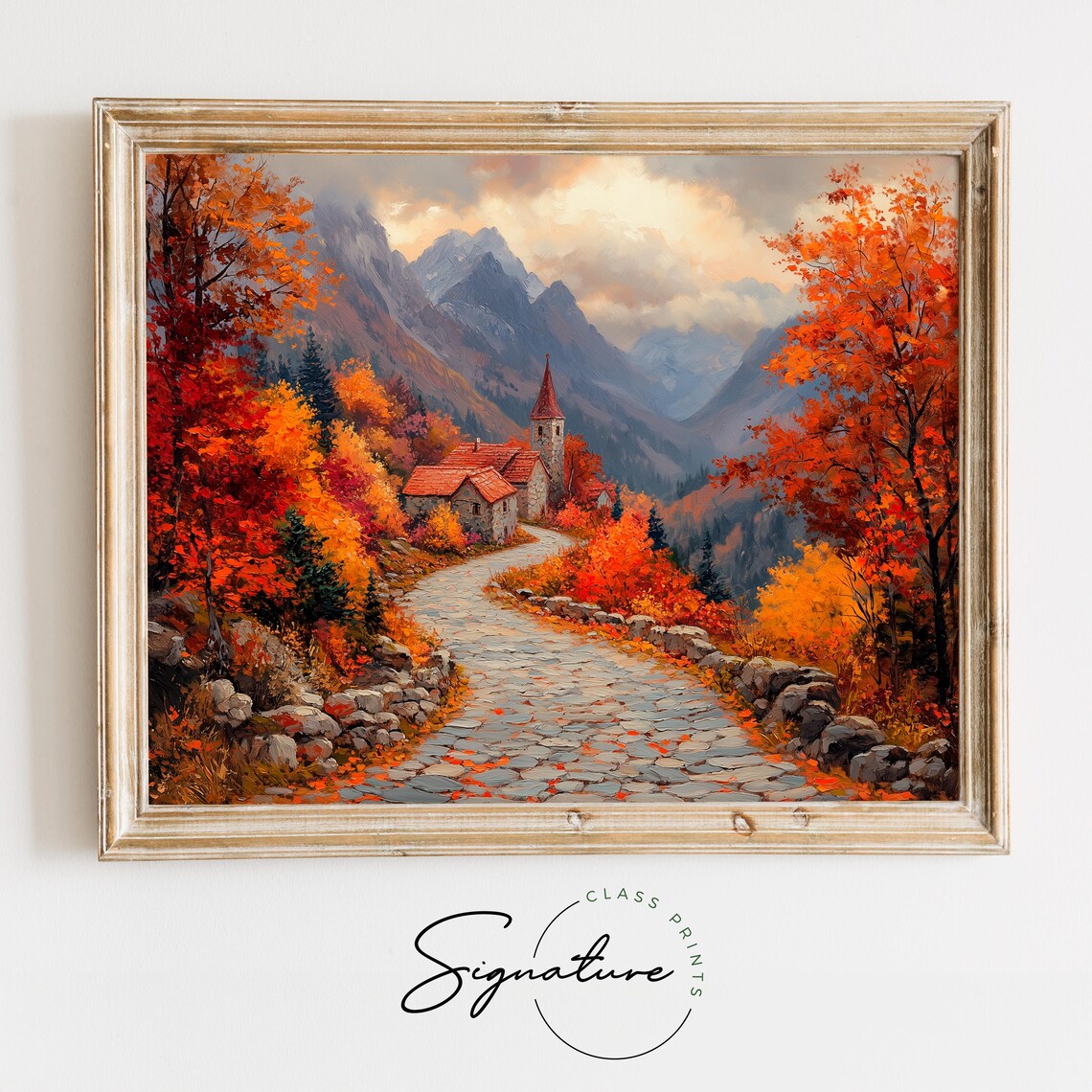 Alpine Village Chapel on Winding Cobblestone Road in Autumn Splendor Wall Art