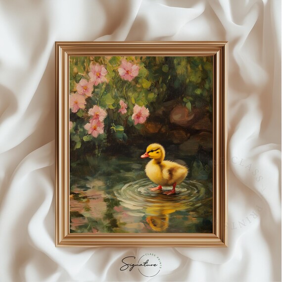 Cute Duckling In Pond With Pink Blossoms Spring Animal Painting Art