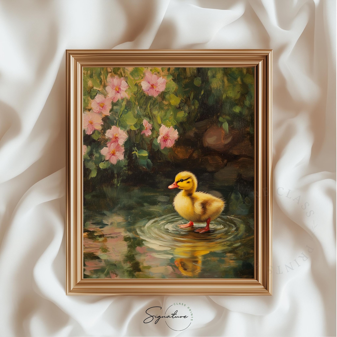 Cute Duckling In Pond With Pink Blossoms Spring Animal Painting Art