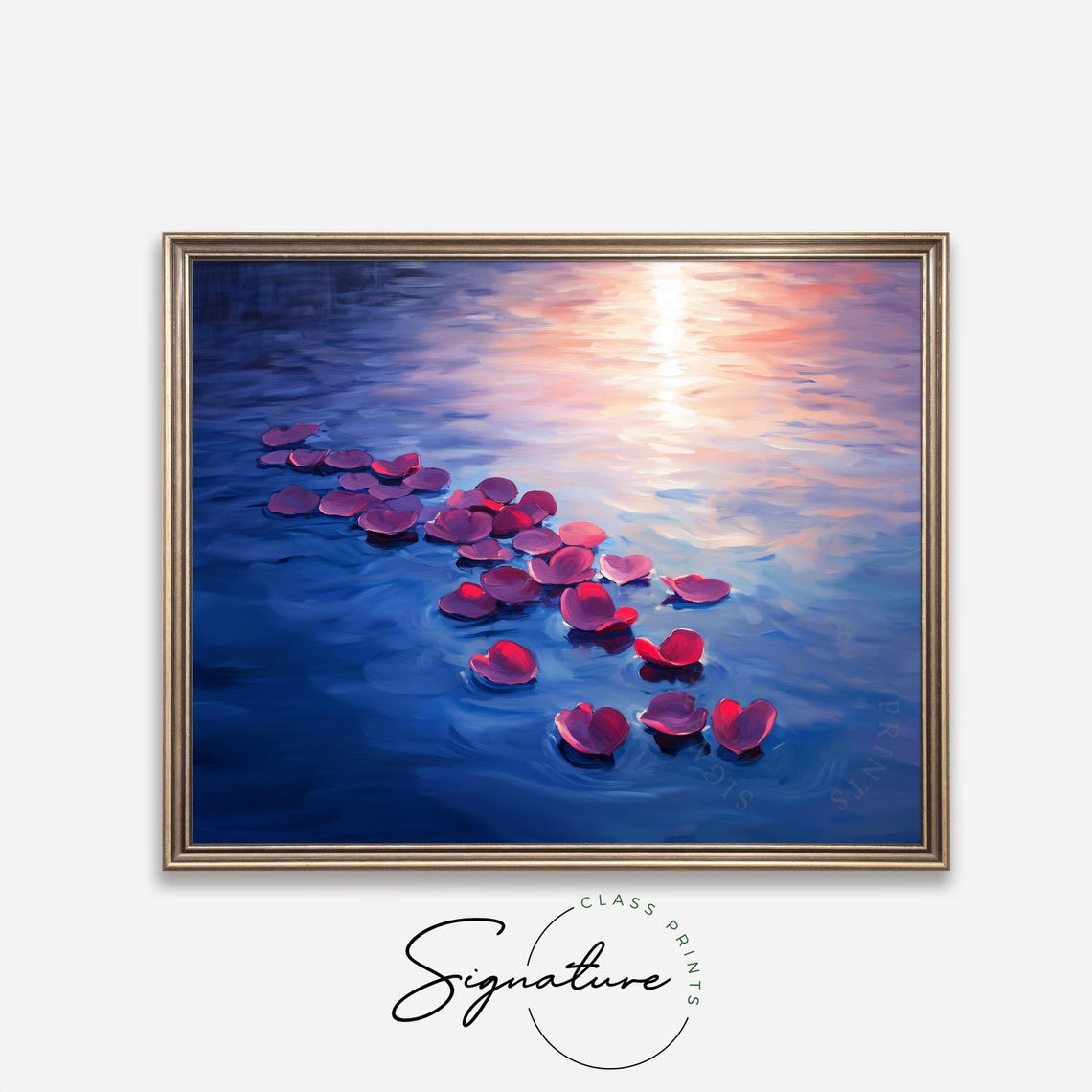 Red Rose Petals Floating on Blue Water Sunset Serene Art Poster - Image 2