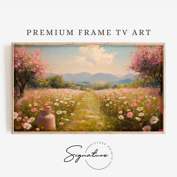 Spring Meadow Blooming Wildflowers Pink Blossom Trees Country Path Poster