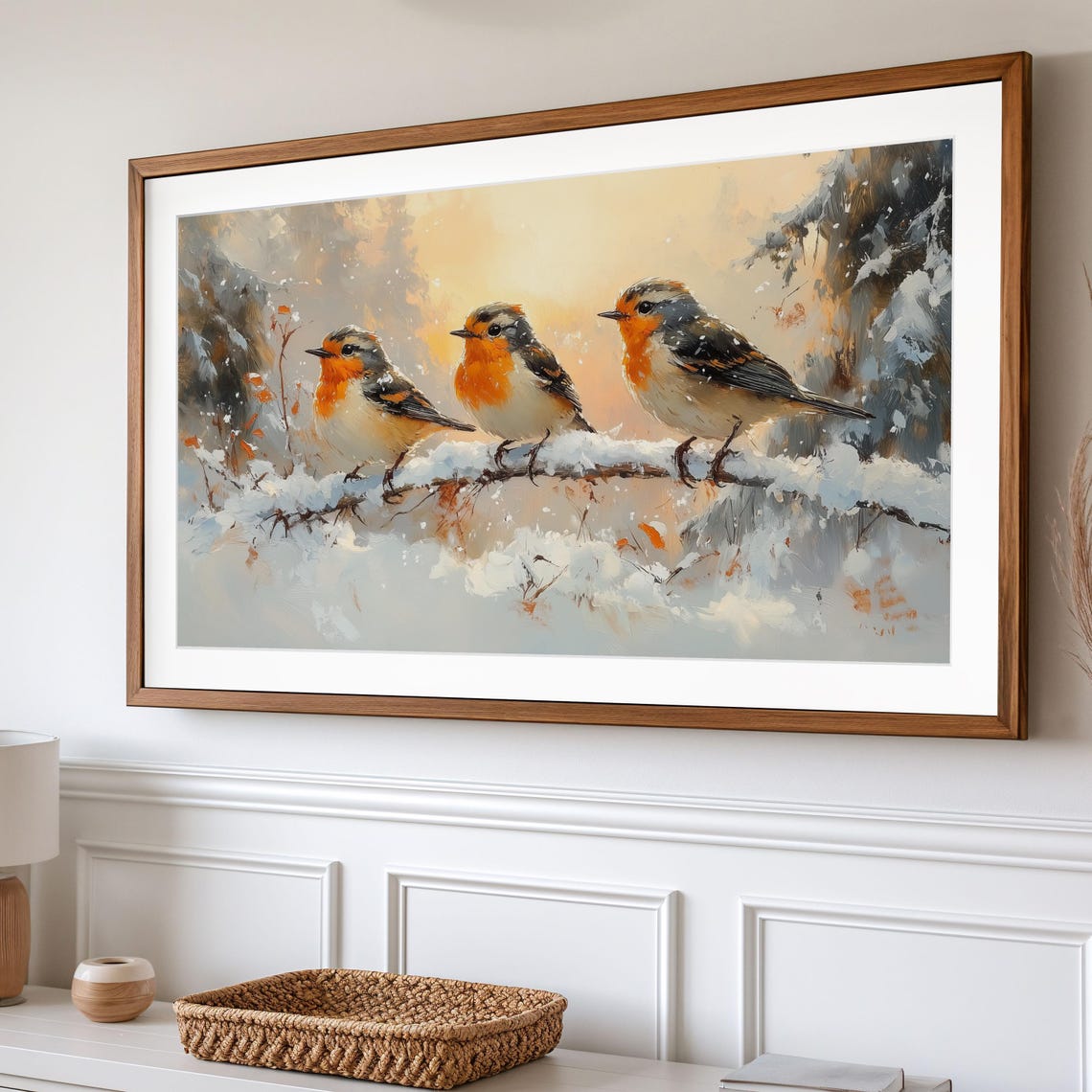 Robin Trio On Snowy Branch At Golden Winter Sunset Bird Art Poster - Image 2