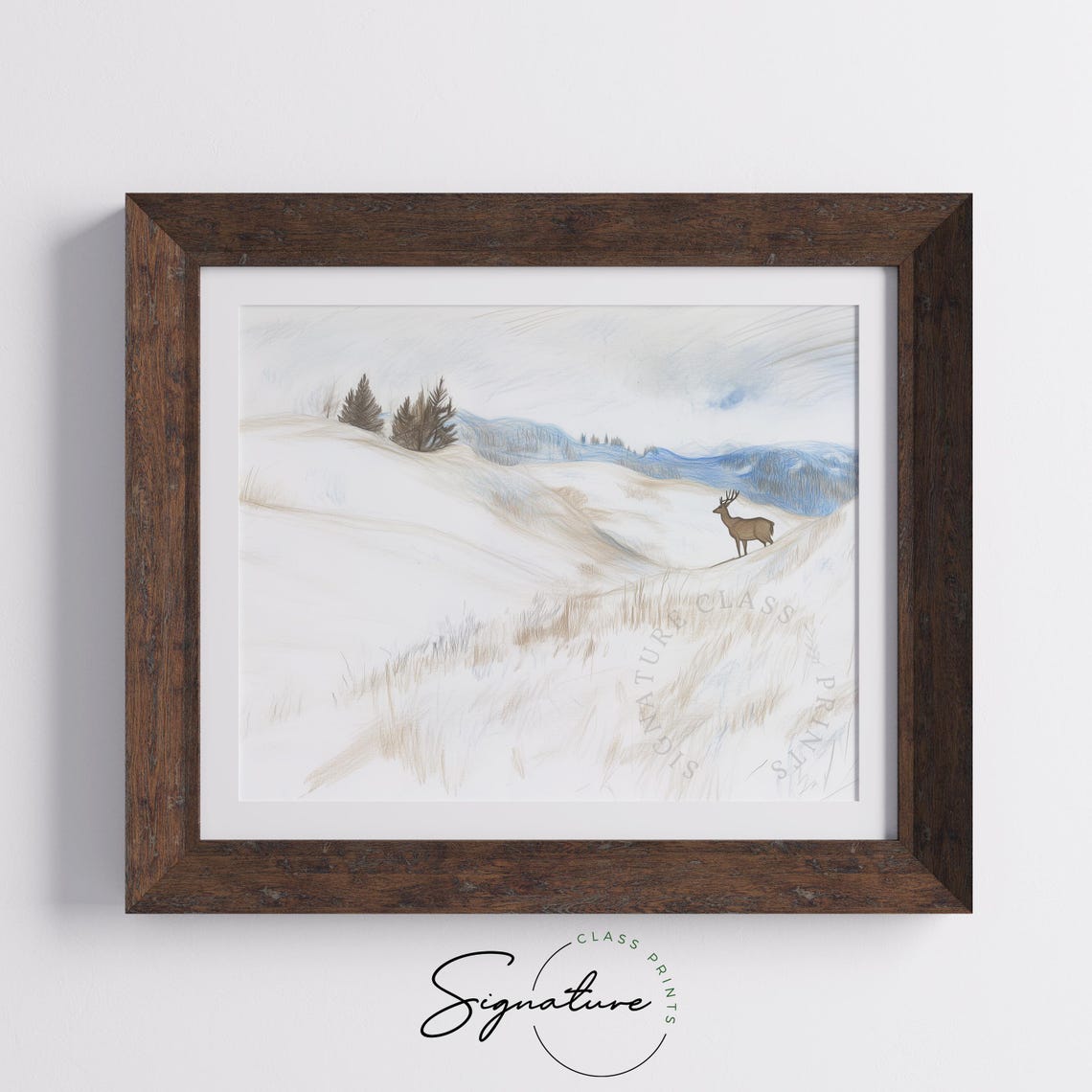 Lone Deer On A Vast Snowy Hillside Soft Winter Sketch Poster - Image 5