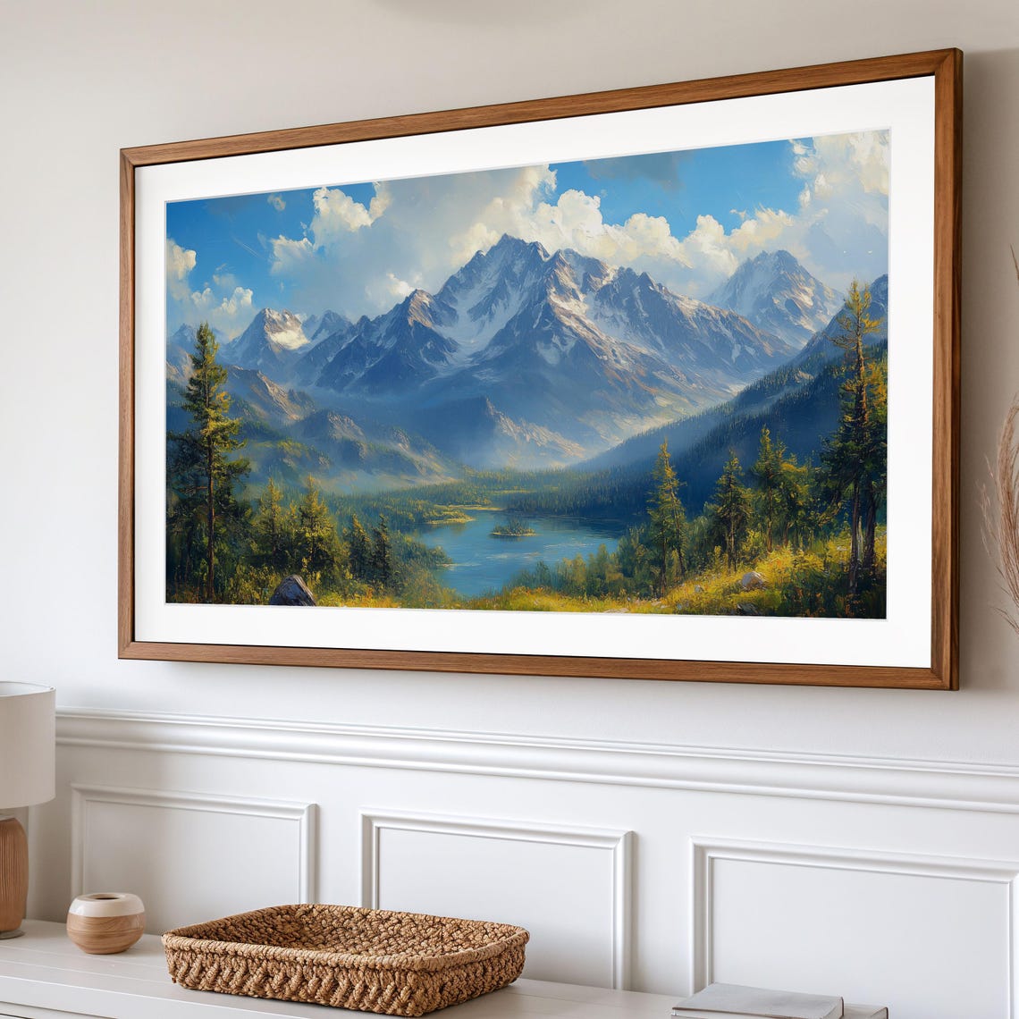 Snow Capped Alpine Peaks Mountain Lake Pine Forest Scenic Wall Art - Image 2