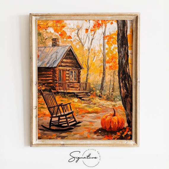 Cozy Log Cabin With Rocking Chair And Pumpkin Autumn Woods Poster