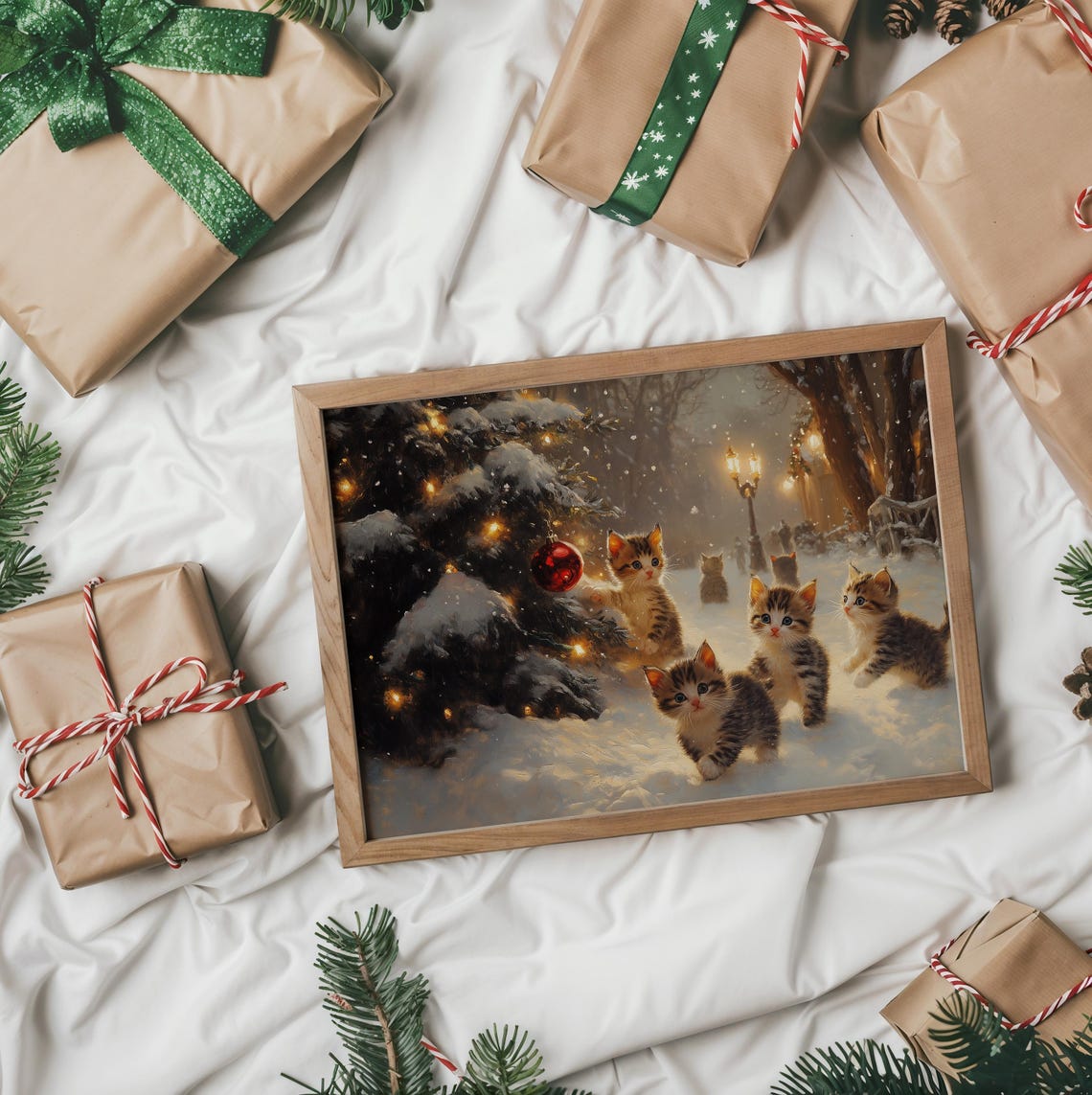 Playful Kittens in a Snowy Forest With Christmas Lights Night Poster - Image 2