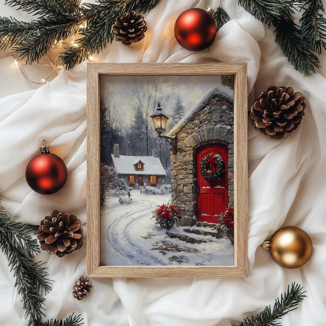 Stone House with Red Door Wreath and Lantern in Snow Christmas Poster - Image 4