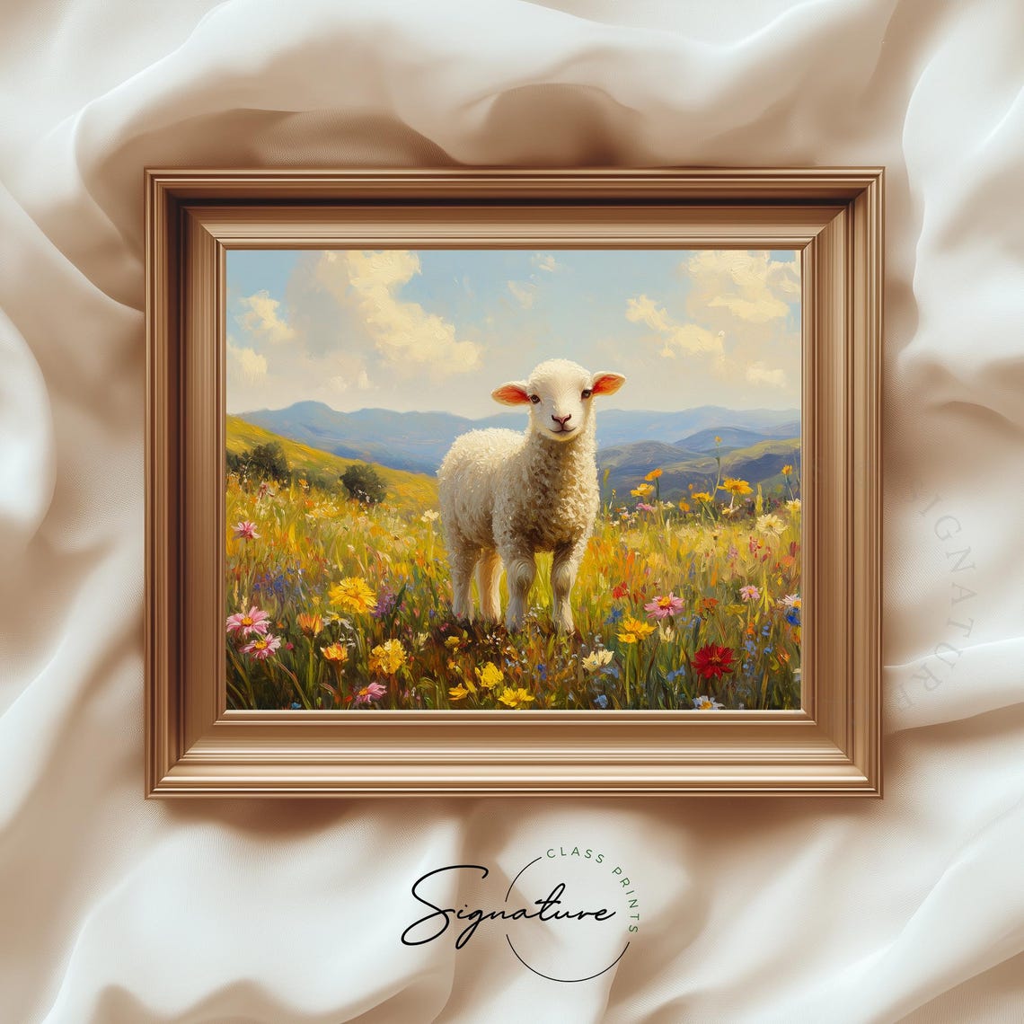 White Lamb Standing in Wildflower Field Mountain View Spring Poster
