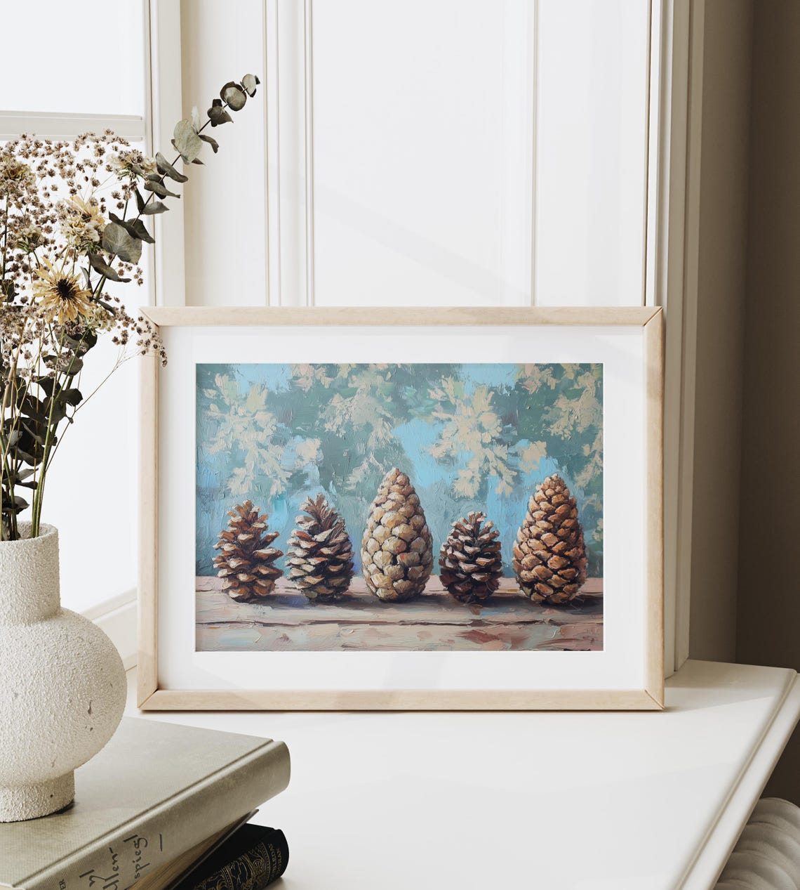 Five Pinecones On A Wooden Plank Against A Soft Blue Background Poster - Image 6